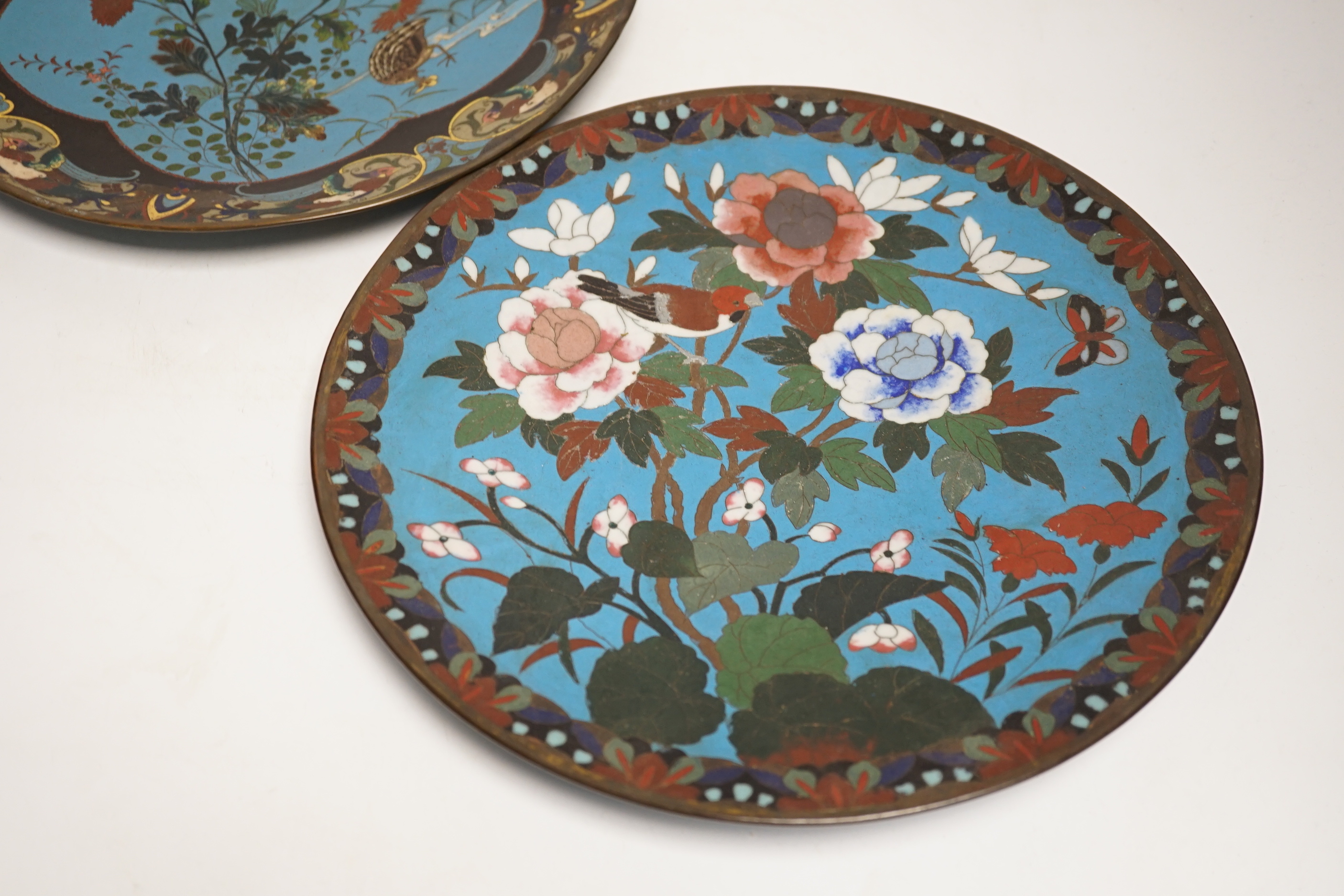 Two Japanese cloisonné enamel dishes, 30cms diameter